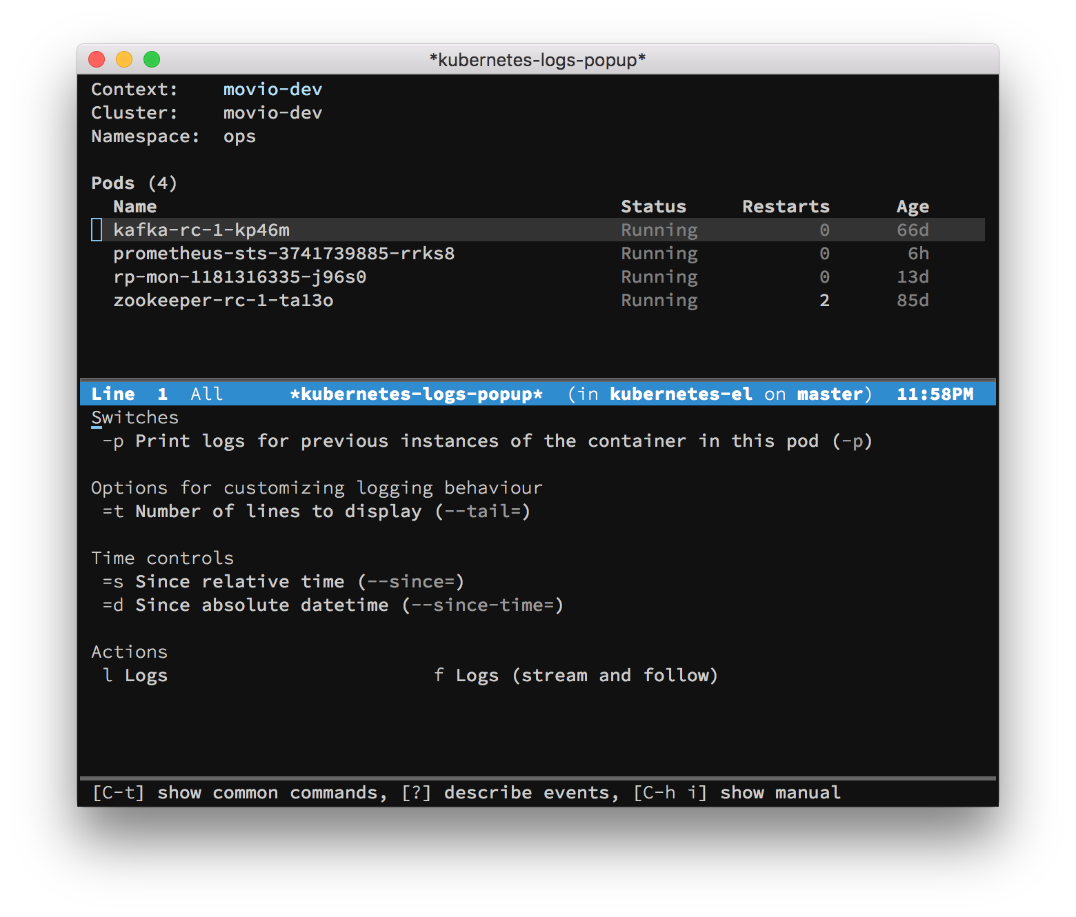 Screenshot of Kubernetes Emacs client